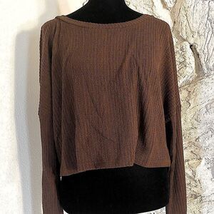 SHEIN Med Chocolate Brown Long Sleeve Crop Top Drop Shoulder Relaxed Fit Shirt